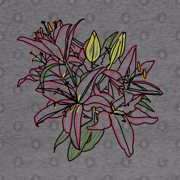 Lily Flowers Color Line Drawing by ellenhenryart